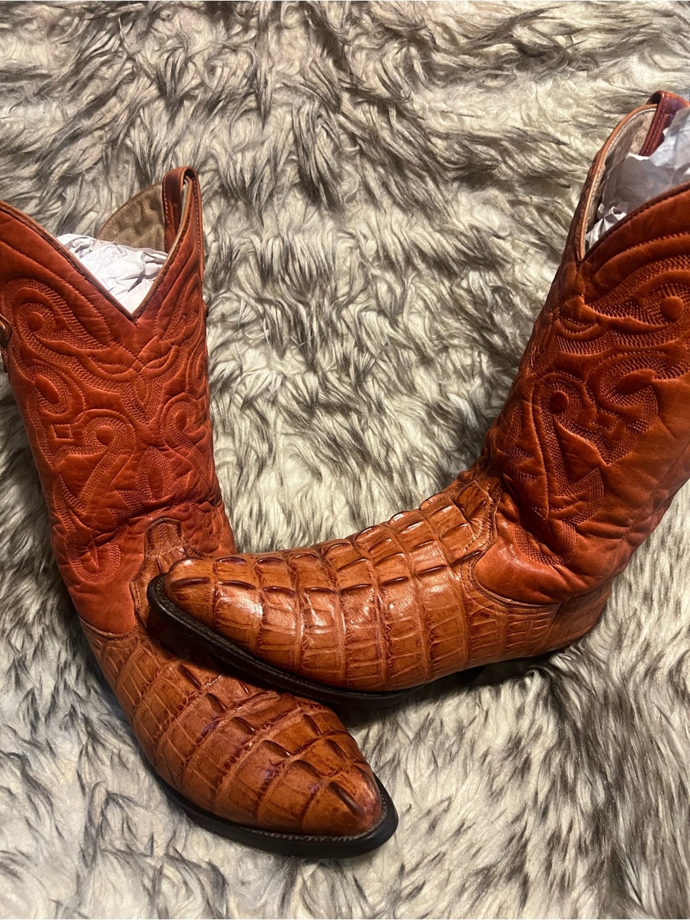 PISTOLERO Men's CAIMAN PRINT & Leather Western  Boots in Cognac Brown Sz 8.5